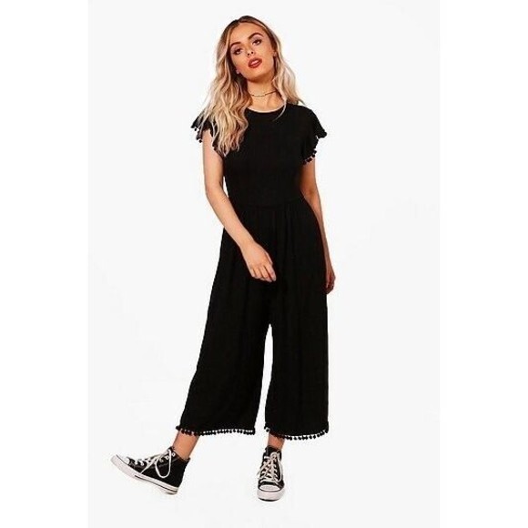 Zara Woman Jumpsuit Small Black Straight Jumpsuit Romper Cropped Pom Pom Trim - Picture 1 of 9
